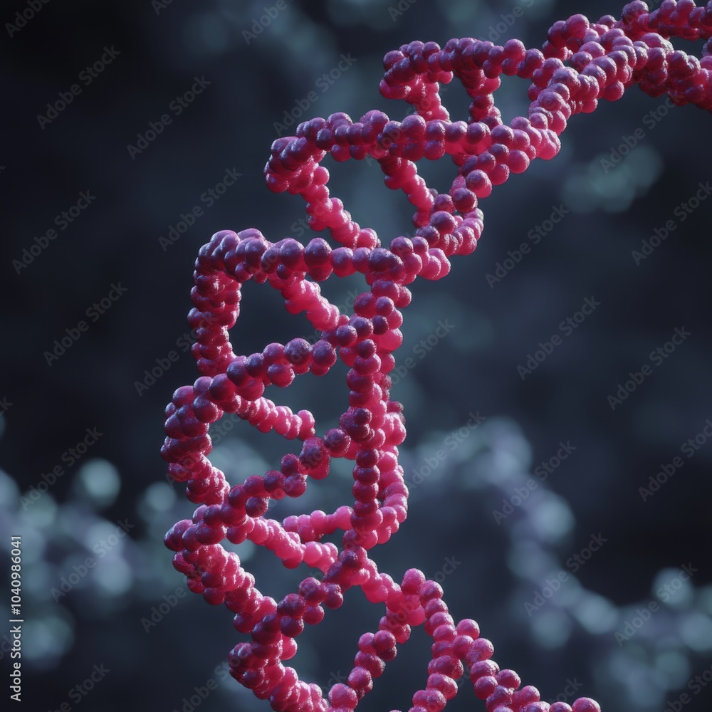 Poster a close-up 3d rendering of a dna double helix. the helix is composed of pink spheres connected to fo