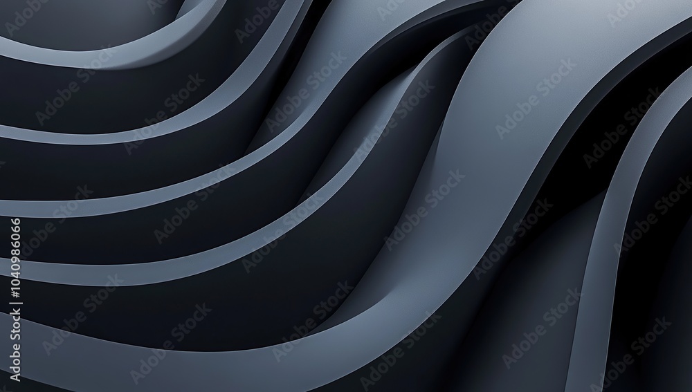 Poster abstract background with dark gray lines in the shape of a spiral and curved arches on a black surfa
