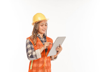 smiling Asian female architect in hard hat using tablet