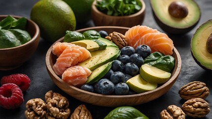 A beautifully arranged collection of brain-boosting foods, including walnuts, salmon, spinach, blueberries, and avocados.