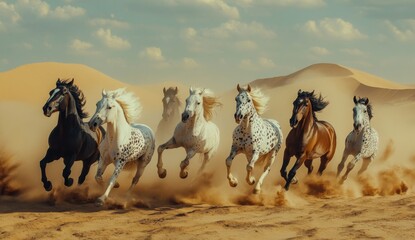 A herd of horses runs through a sandy desert, kicking up dust as they gallop.