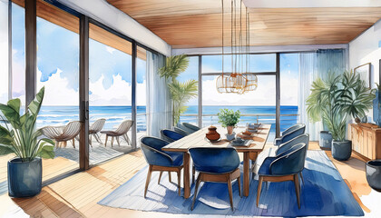 Fototapeta premium Sketch of a coastal dining room with ocean view and modern decor