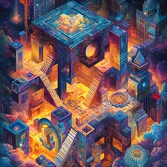 Obraz premium Vibrant Tesseract Art Gallery Showcasing Surreal and Otherworldly Digital Impressionism Artwork
