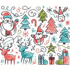 Festive Christmas Doodle with Santa, Reindeer and Holiday Decorations with Generative AI.