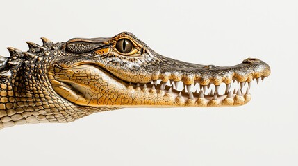 Obraz premium Side profile of a crocodile with mouth agape, sharp teeth on display, natural texture of scales isolated on white, ultra-realistic detail
