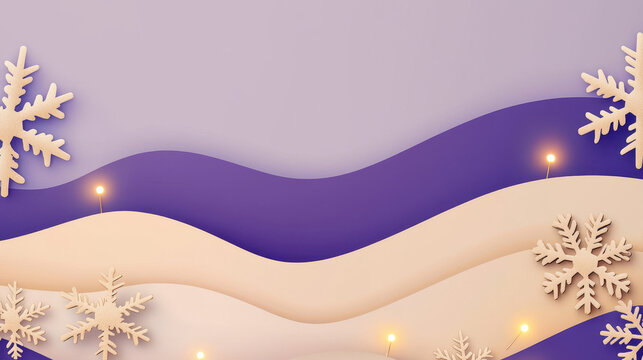 Abstract winter landscape featuring layered waves in soft colors with decorative snowflakes and glowing lights on a pastel backdrop