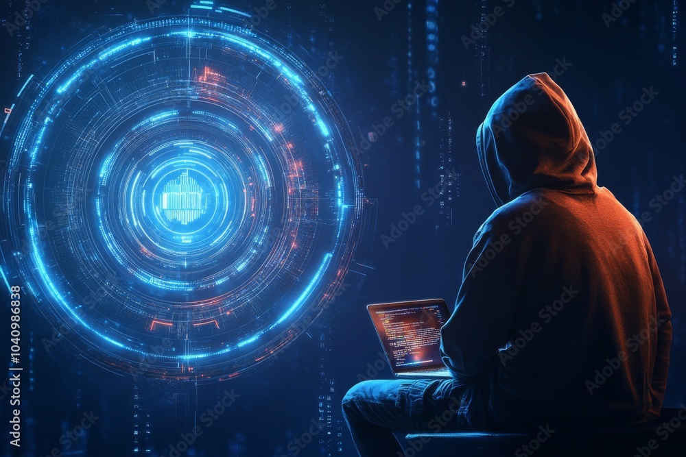 Poster a hooded figure sits in front of a laptop, with a glowing digital interface behind them, suggesting 