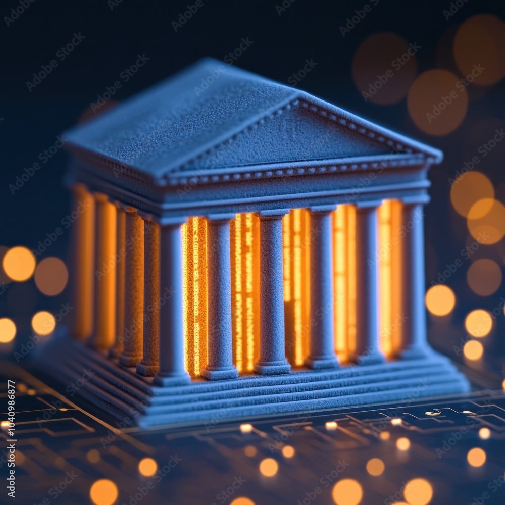 Aufkleber illuminated architectural model showcasing classic columns on a digital circuit background