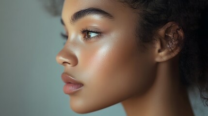 Fototapeta premium Profile face of young beautiful woman with clean skin.