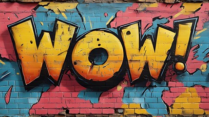 A vibrant graffiti art of the word WOW on a weathered brick wall, with splashes of blue, pink, and yellow paint.
