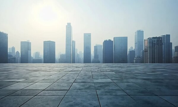 Empty concrete rooftop overlooking a city skyline with tall buildings, misty haze and morning sunlight.
