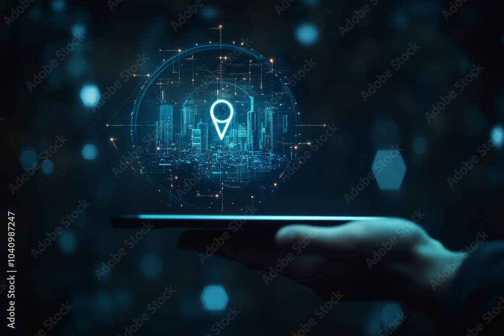 Poster hand holding a smartphone with a glowing digital map location pin icon floating above it.