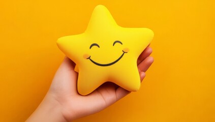 A hand holding a yellow star-shaped object with a smiling face on a yellow background.