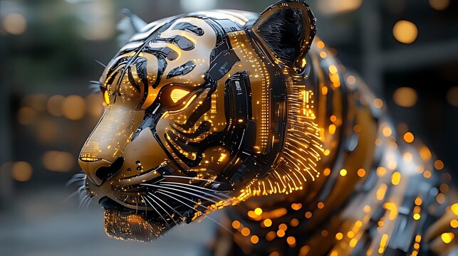 A close-up of a robotic tiger's head with glowing lights.