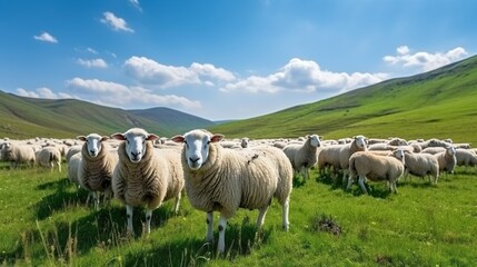Fototapeta premium Sheep Grazing on a Lush Green Hillside Under a Blue Sky