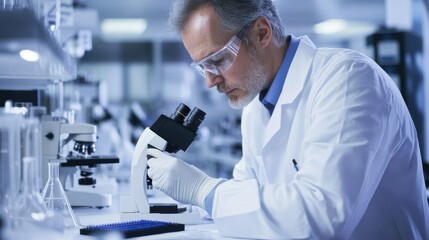 A medical researcher working in a lab, examining test results under a microscope with lab equipment in the background, Scientific style