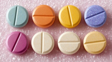 Obraz premium Top-down view of assorted medicine tablets in bold colors on a textured pale pink surface, highlighting the variety in shapes. tablets, detailed arrangement