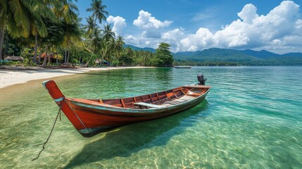 Traditional longtail boat at rest on clear water, beach and coconut trees in background, vibrant colors, summer vacation atmosphere