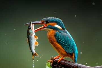 A colorful kingfisher perched on a branch, holding a fish in its beak.