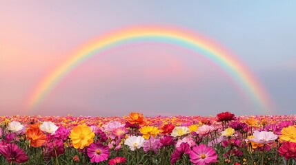 Naklejka premium Vibrant Rainbow Arch Over Lush Flower Field in Scenic Nature Landscape