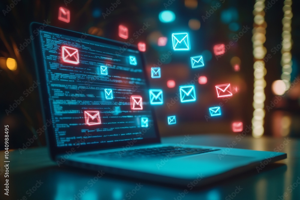 Poster a laptop computer with glowing blue and red email icons floating above the screen.