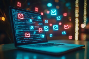 A laptop computer with glowing blue and red email icons floating above the screen.