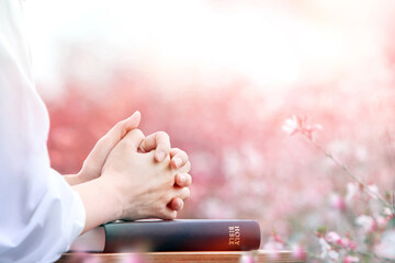 Christian praying and worshiping with both hands clasped on the holy bible, with a beautiful flower field in the background
