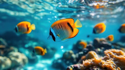 Obraz premium Vibrant underwater scene with colorful fish and coral.