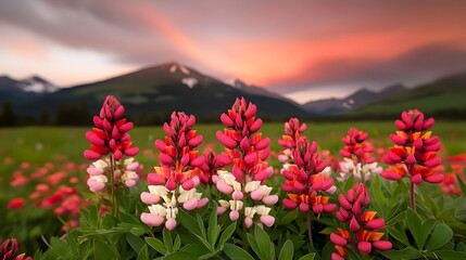 Fototapeta premium Serene Meadow with Vibrant Wildflowers and Faint Rainbow in Distance