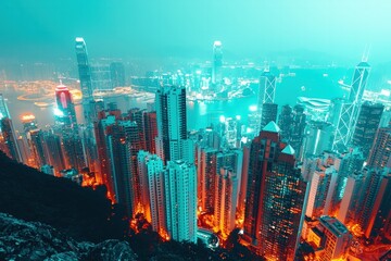 Obraz premium Stunning Nightview of Hong Kong's Skyline Illuminated by Vibrant City Lights