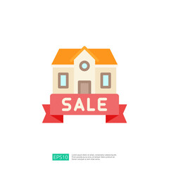 This image features a stylized house with an orange roof and a prominent 