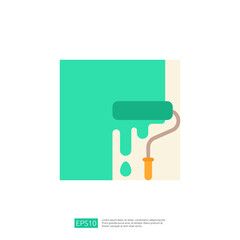 A simple graphic illustration of a paint roller applying teal paint to a wall, symbolizing home improvement or renovation.