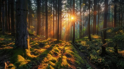 Fototapeta premium A forest with a sun shining through the trees