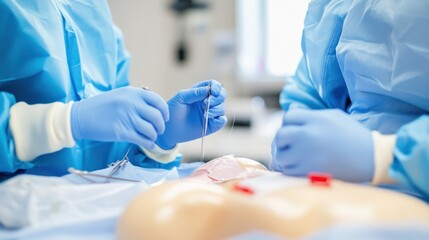 A medical student practicing suturing techniques on a simulation model in a training lab, with surgical instruments and training aids visible, Training style