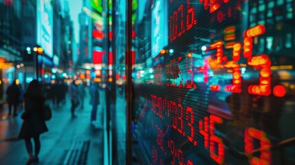A busy city street with a large screen displaying stock prices
