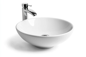 A white ceramic sink with a chrome faucet sits on a white countertop