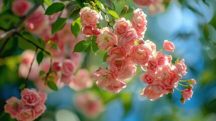 Pink flowers on a tree branch with a blue sky in the background