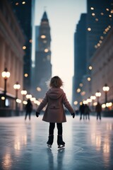 Young girl dressed in beige coat figure skates on outdoor ice rink at night, arms outstretched, surrounded by the city skyline and glowing lights, magical winter moment, vertical shot