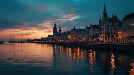 Fototapeta premium A city with a river running through it and a beautiful sunset in the background