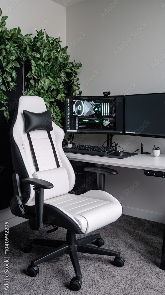 Poster sleek gaming setup with ergonomic chair and dual monitor configuration in modern workspace