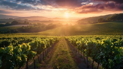 Fototapeta premium A beautiful sunset over a vineyard with rows of grape vines
