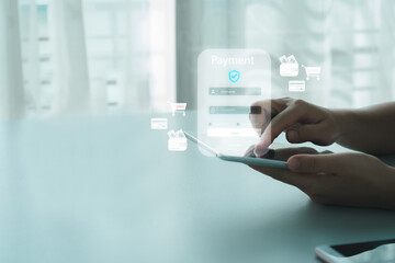 Ecommerce and online banking concept. Businessman confirming secure online payment, secure payment transfer via digital interface with check mark confirmation. Internet payment.