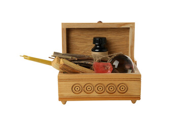 PNG, wooden box with witchcraft accessories isolated on white background.