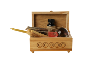 PNG, wooden box with witchcraft accessories isolated on white background.