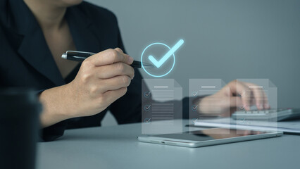 Smart Audit Concept on Virtual Screen. Businesswoman Using Pen to Mark Digital Forms, Document Management System DMS, Questionnaires, Checklists, Assessments and Online Survey Filling.