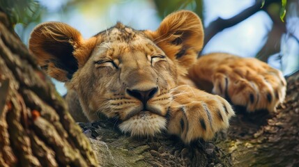 A lion is sleeping on a tree branch