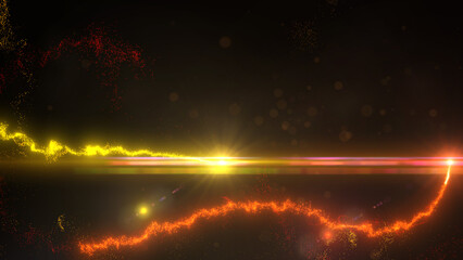Fototapeta premium Yellow and Orange Wavy Light Lines Crossing Turbulence Particles and Lens Flares, Widescreen 4K Resolution