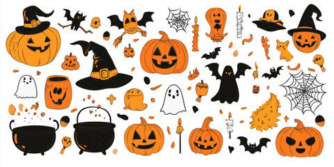 Cute Halloween Icons Sticker Sheet, Vector Style with Pumpkins, Witches' Hats, Brooms, Cats, Ghosts, and More