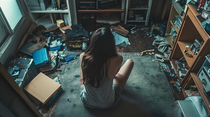 Fototapeta premium Depressed young woman sitting on floor at home. 