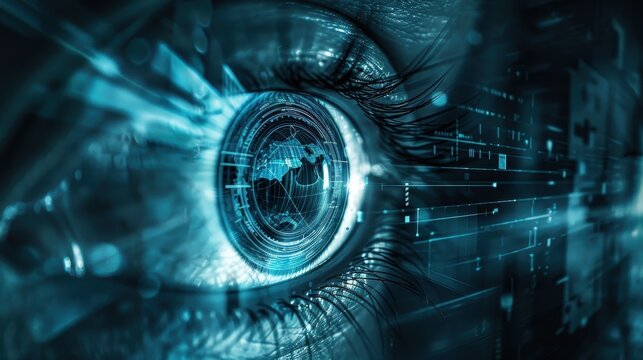 A blue eye with a globe in the center